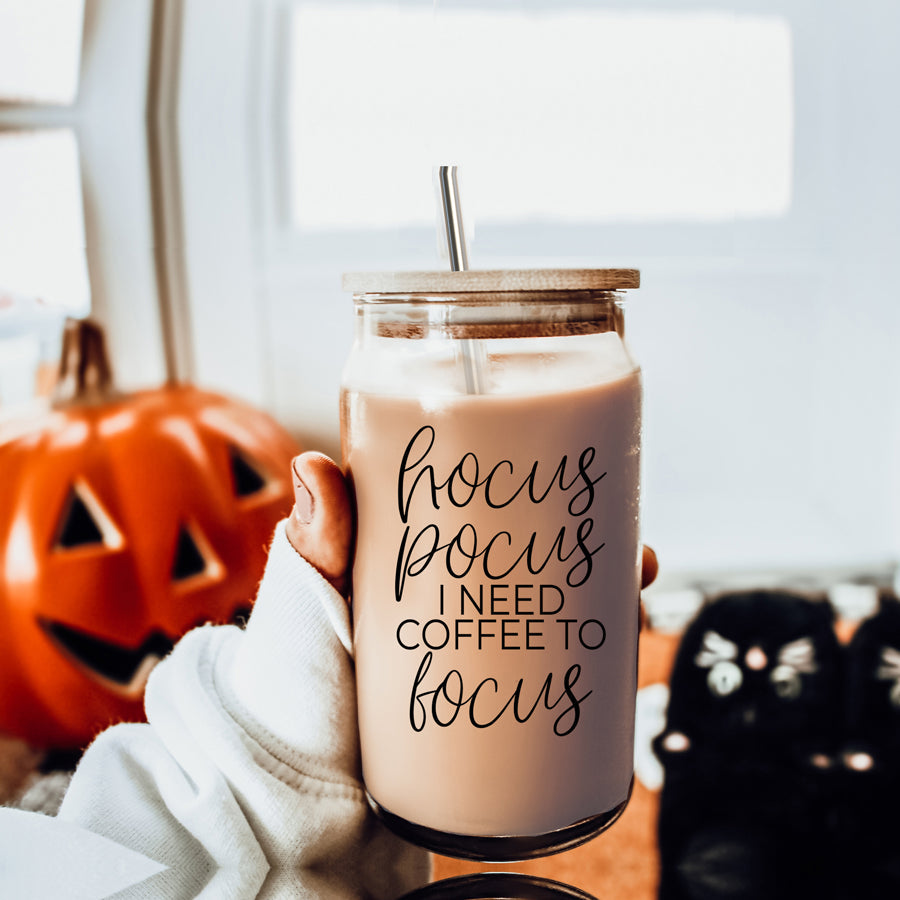 Hocus Pocus 17oz Glass Tumbler Bamboo Lid, Stainless Straws, Coffee Quote
