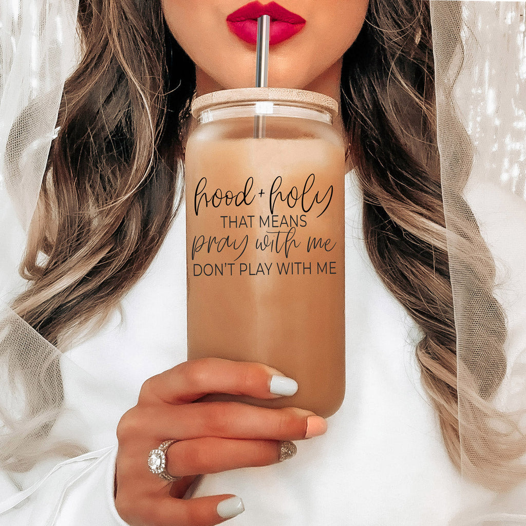 Hood And Holy 17oz Glass Tumbler With Bamboo Lid, 2 Stainless Straws And Straw Cleaner