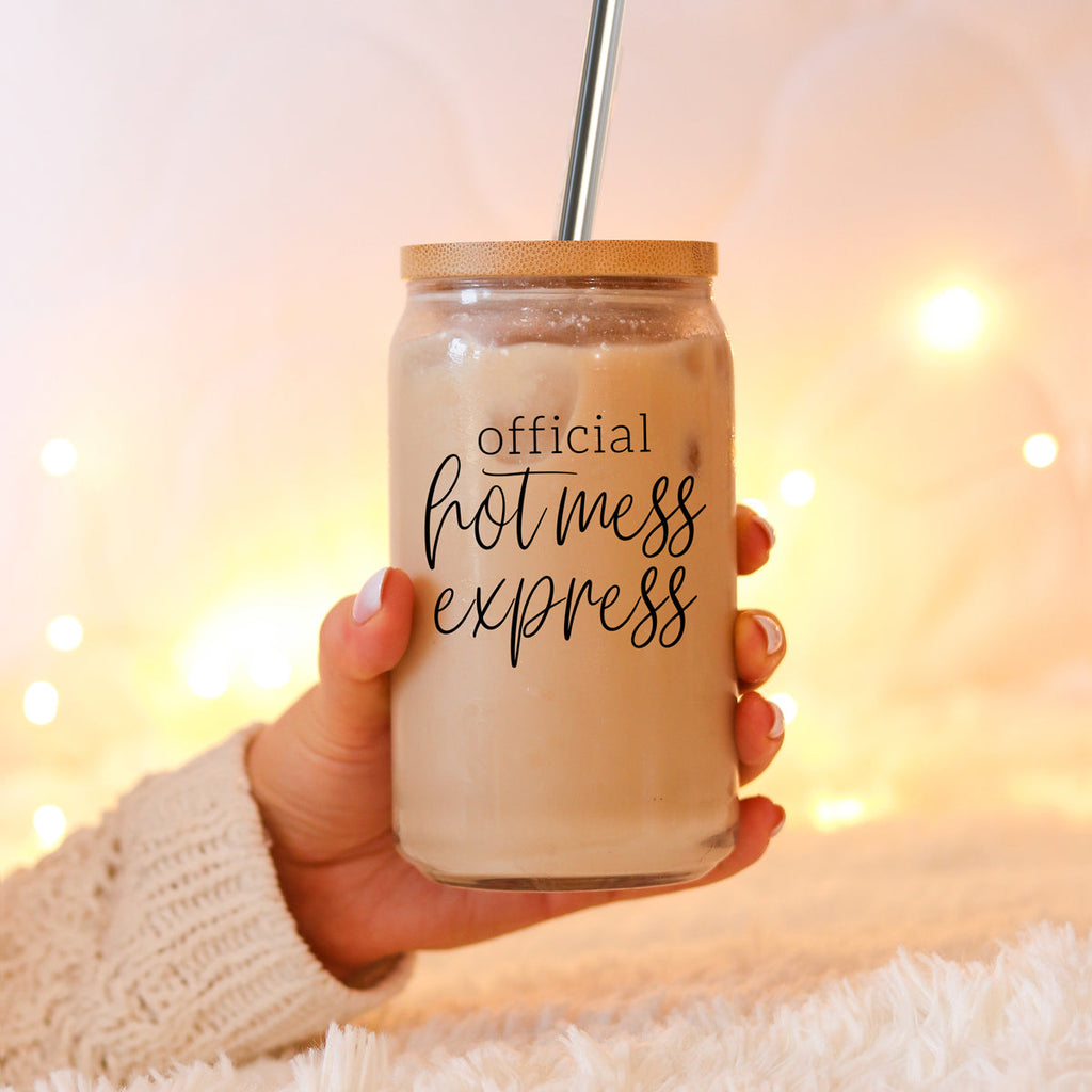 Hot Mess 17oz Glass Tumbler With Bamboo Lid, 2 Stainless Straws and Cleaner