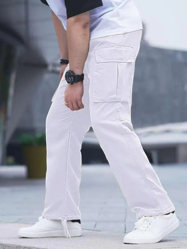 HUNGSON Boys Mens Cargo Pants Casual Hiking Pants Joggers Athletic Pants Cotton Loose Straight Sweatpants for Boys Men 28 White