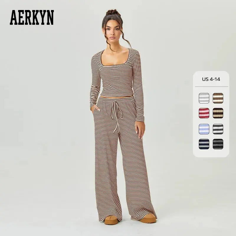 Ensemble Lounge Flaire™ à Rayures pour Femme – Tenue Deux Pièces à Col Carré