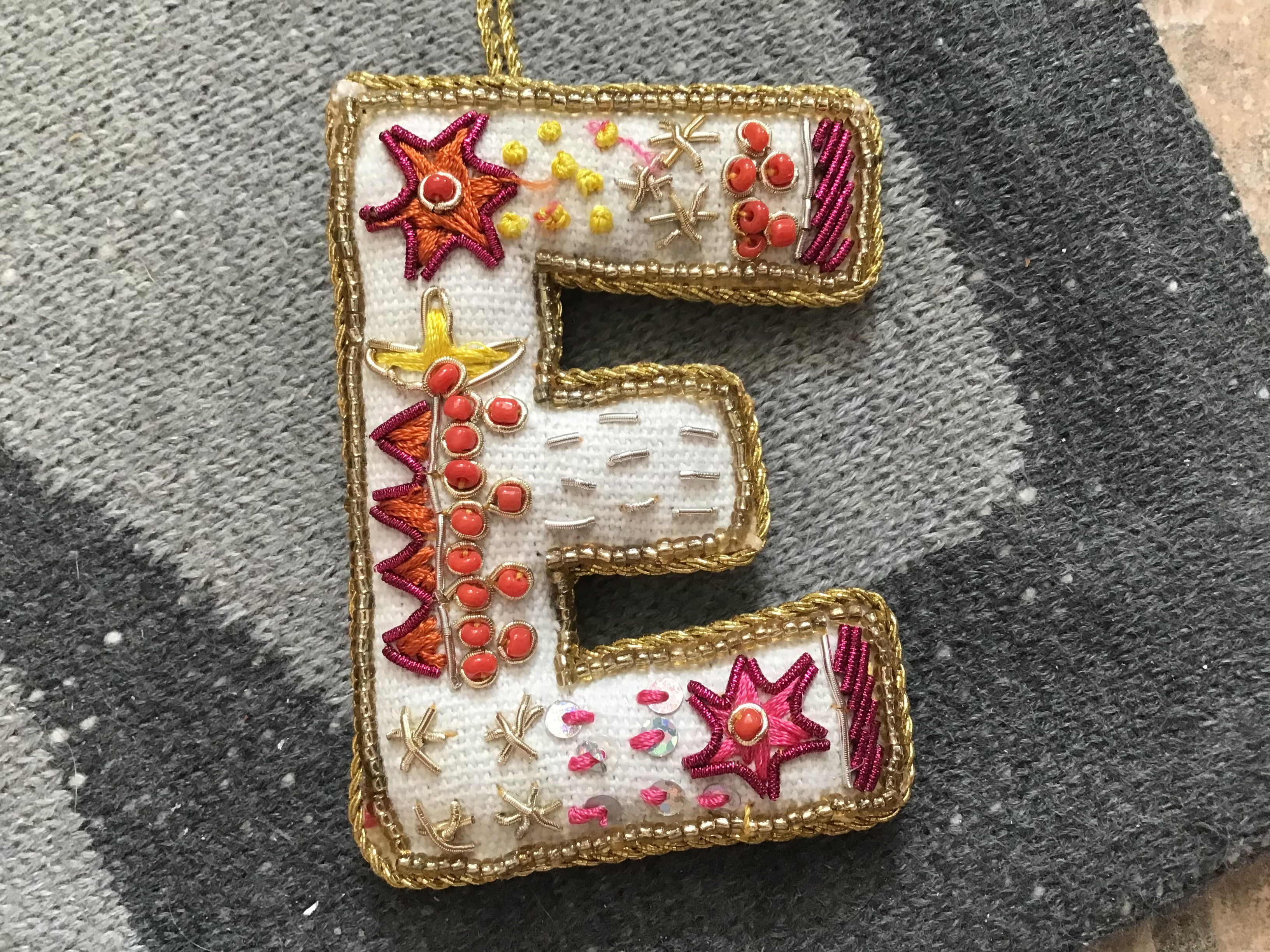 Fabric Alphabet Ornament w/ Beads & Embroidery, Multi Color, 26 Styles