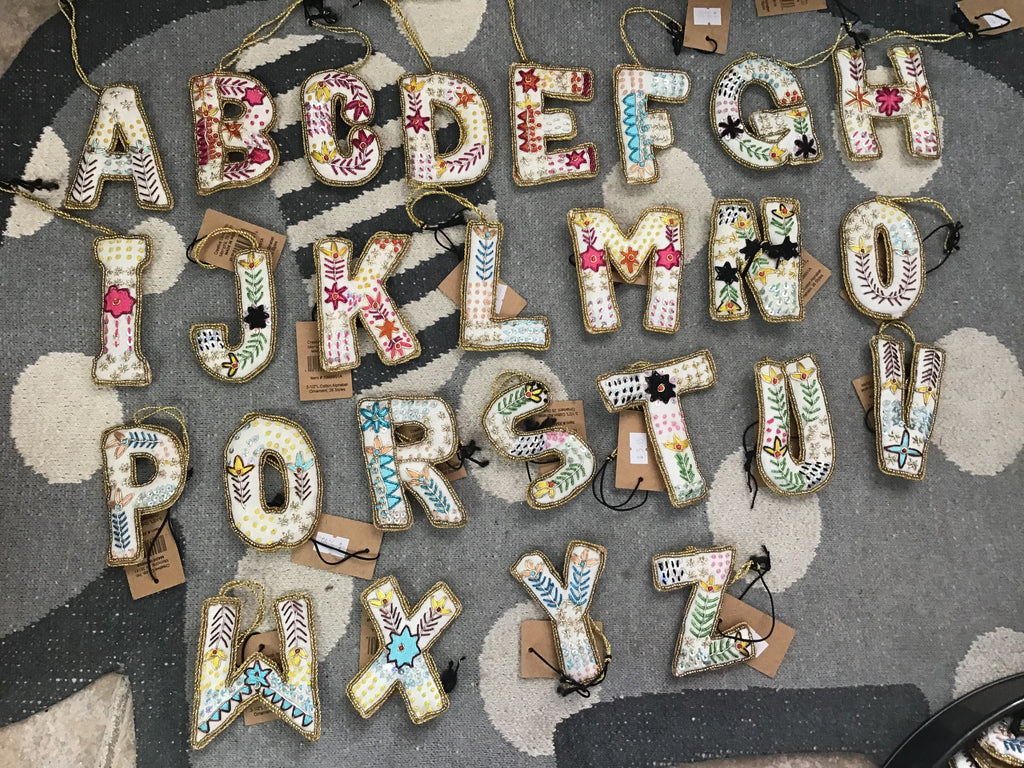 Fabric Alphabet Ornament w/ Beads & Embroidery, Multi Color, 26 Styles