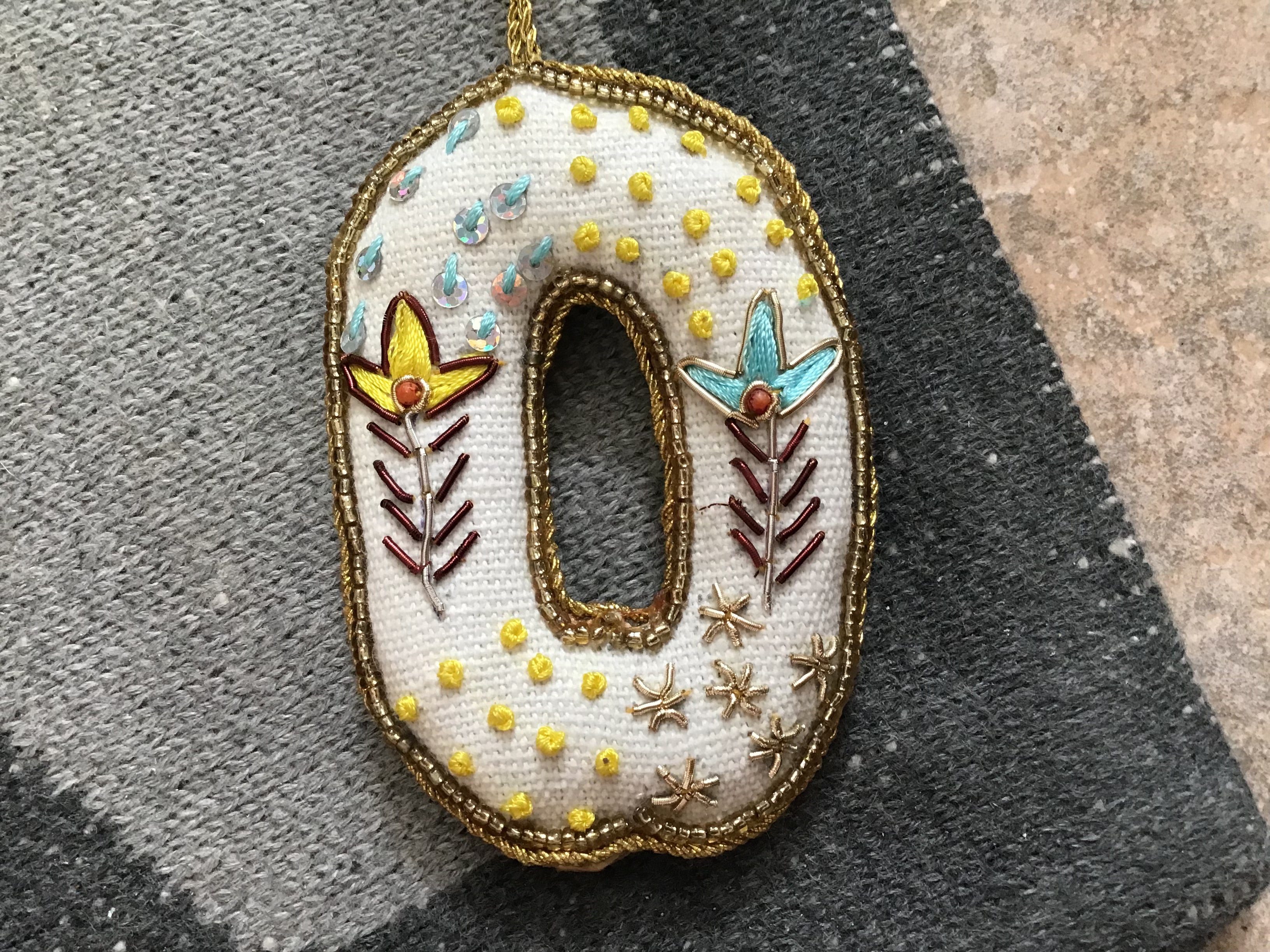 Fabric Alphabet Ornament w/ Beads & Embroidery, Multi Color, 26 Styles