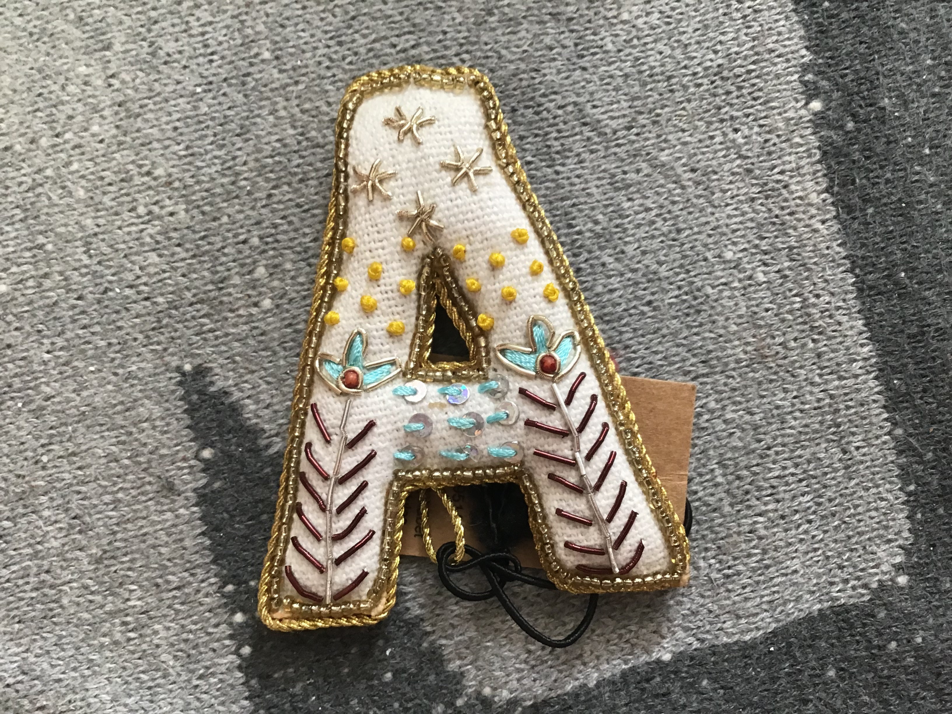 Fabric Alphabet Ornament w/ Beads & Embroidery, Multi Color, 26 Styles
