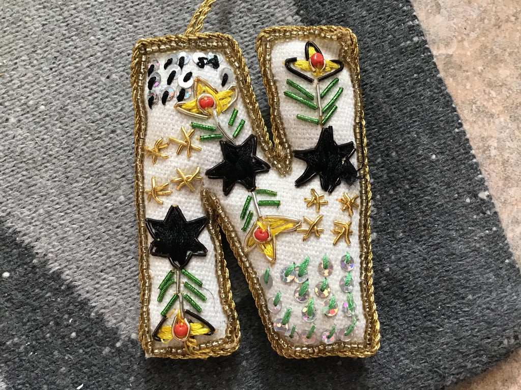Fabric Alphabet Ornament w/ Beads & Embroidery, Multi Color, 26 Styles