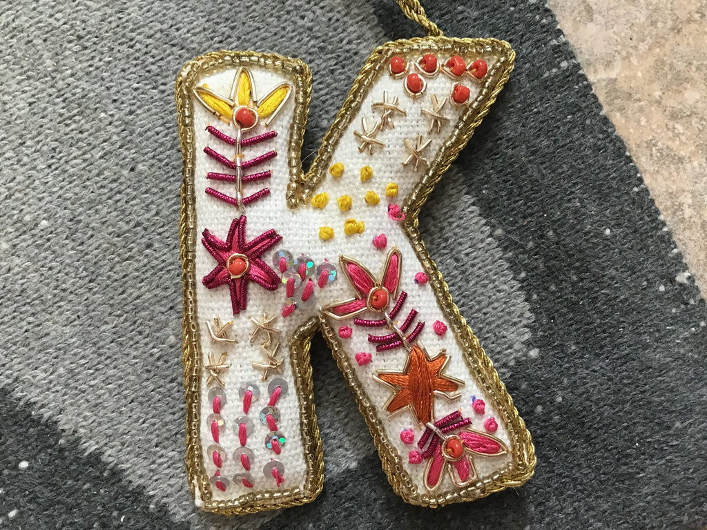 Fabric Alphabet Ornament w/ Beads & Embroidery, Multi Color, 26 Styles