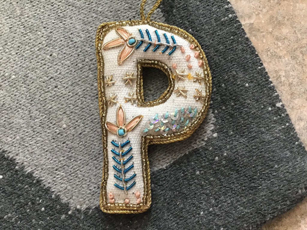 Fabric Alphabet Ornament w/ Beads & Embroidery, Multi Color, 26 Styles