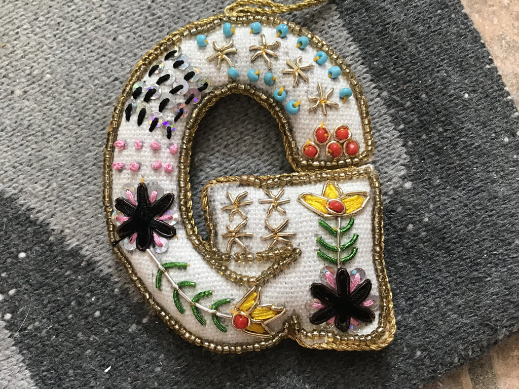 Fabric Alphabet Ornament w/ Beads & Embroidery, Multi Color, 26 Styles