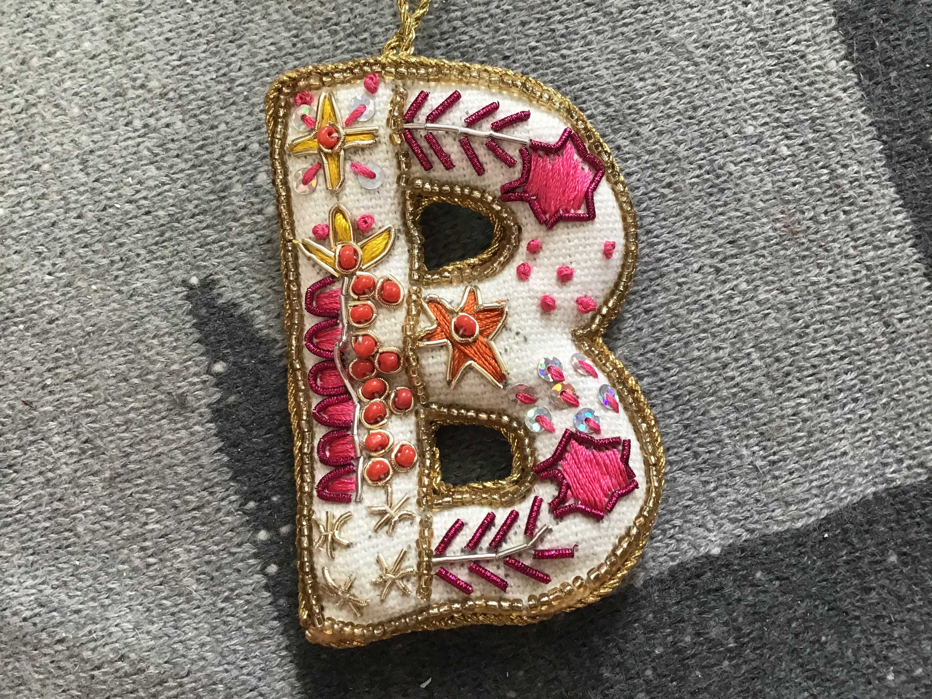 Fabric Alphabet Ornament w/ Beads & Embroidery, Multi Color, 26 Styles