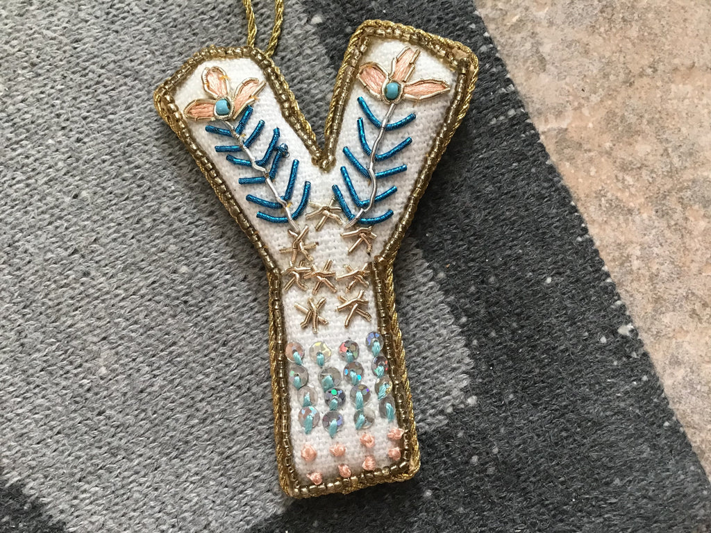 Fabric Alphabet Ornament w/ Beads & Embroidery, Multi Color, 26 Styles