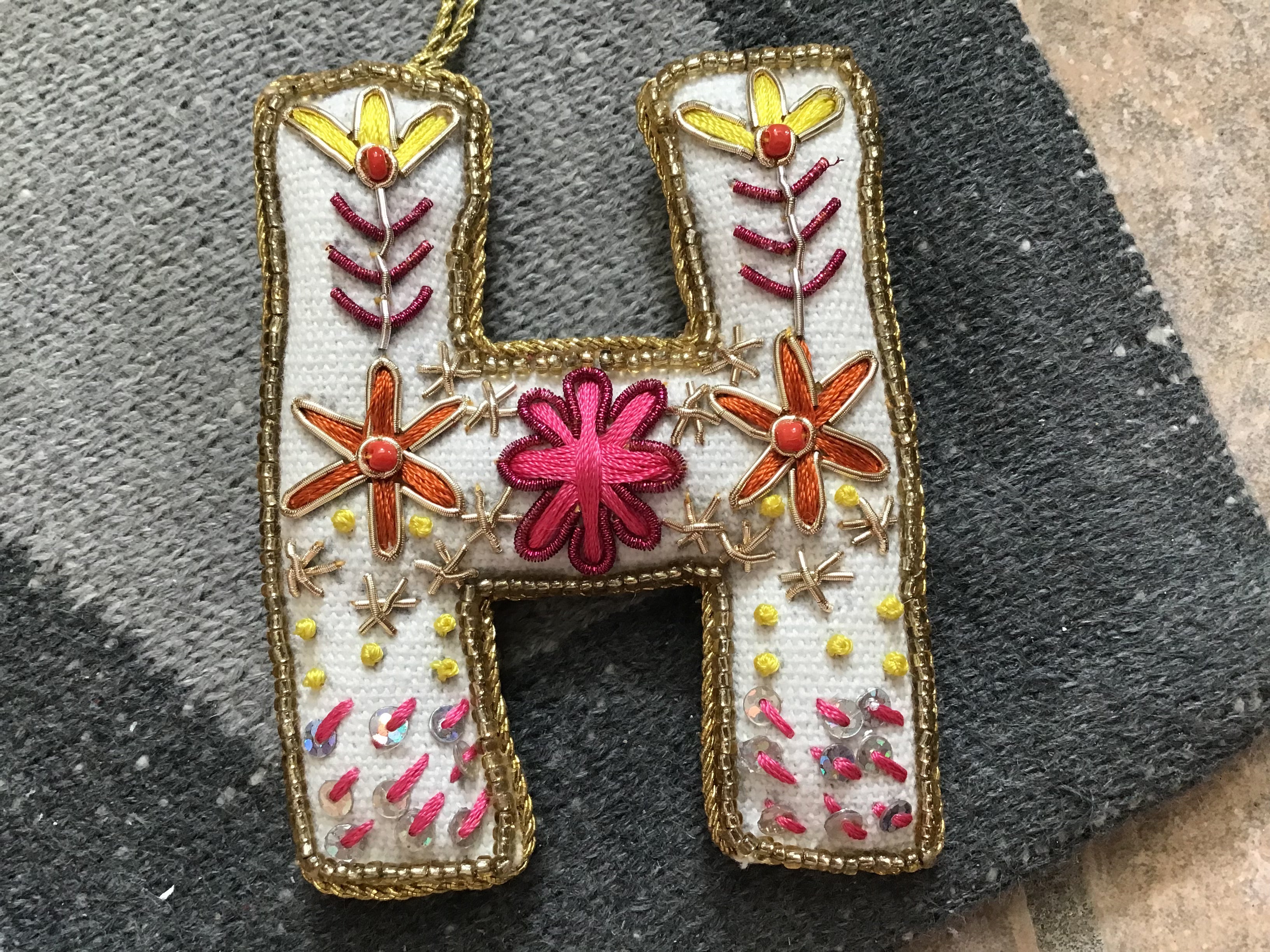 Fabric Alphabet Ornament w/ Beads & Embroidery, Multi Color, 26 Styles