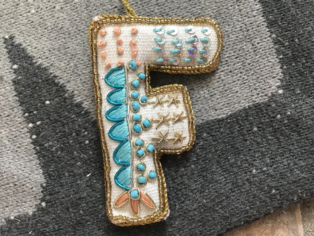 Fabric Alphabet Ornament w/ Beads & Embroidery, Multi Color, 26 Styles