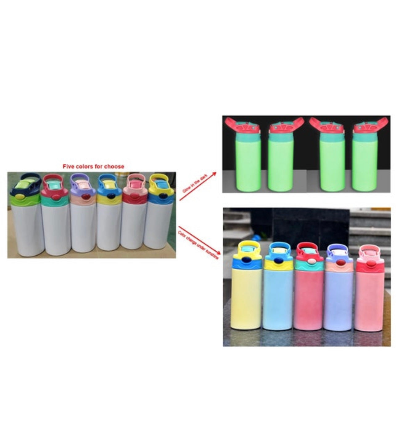Biberon antifuite à sublimation vierge de 12 oz, changement de couleur UV et phosphorescent, droit, en acier inoxydable, gobelet pour enfants, bouteille d'eau de sport