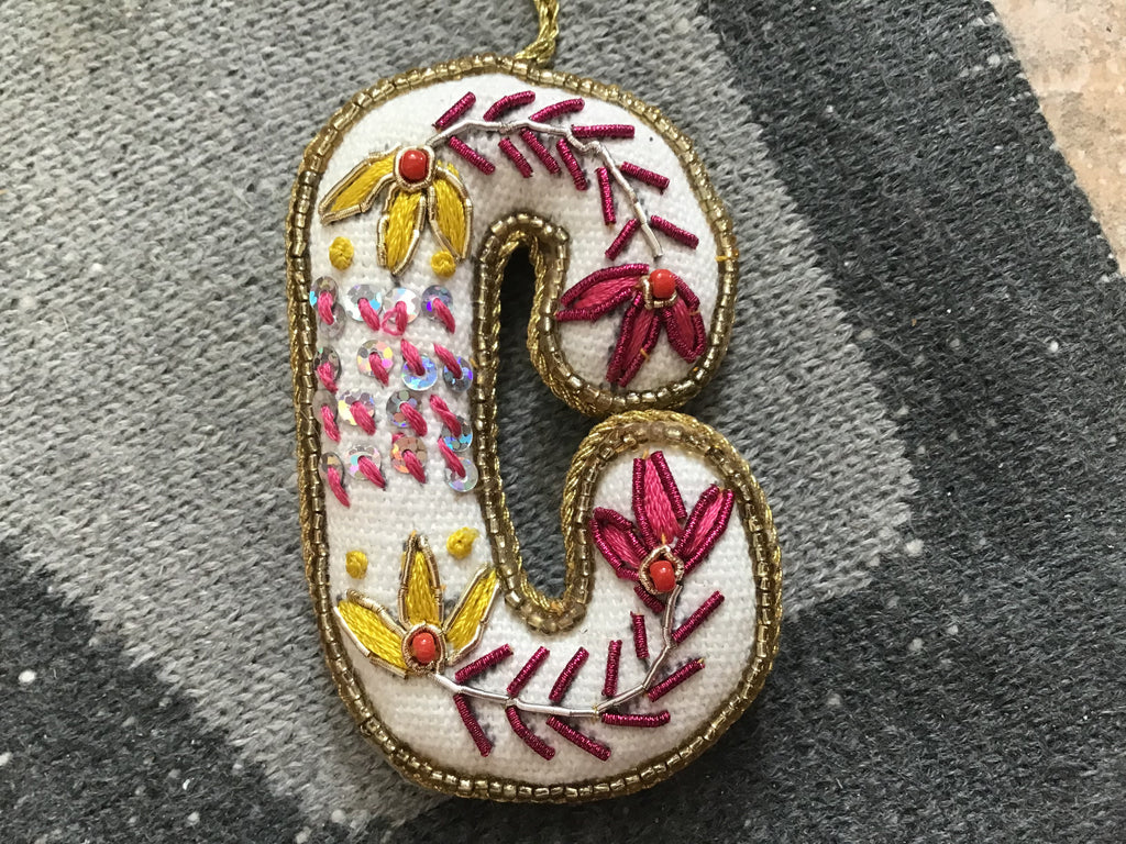 Fabric Alphabet Ornament w/ Beads & Embroidery, Multi Color, 26 Styles