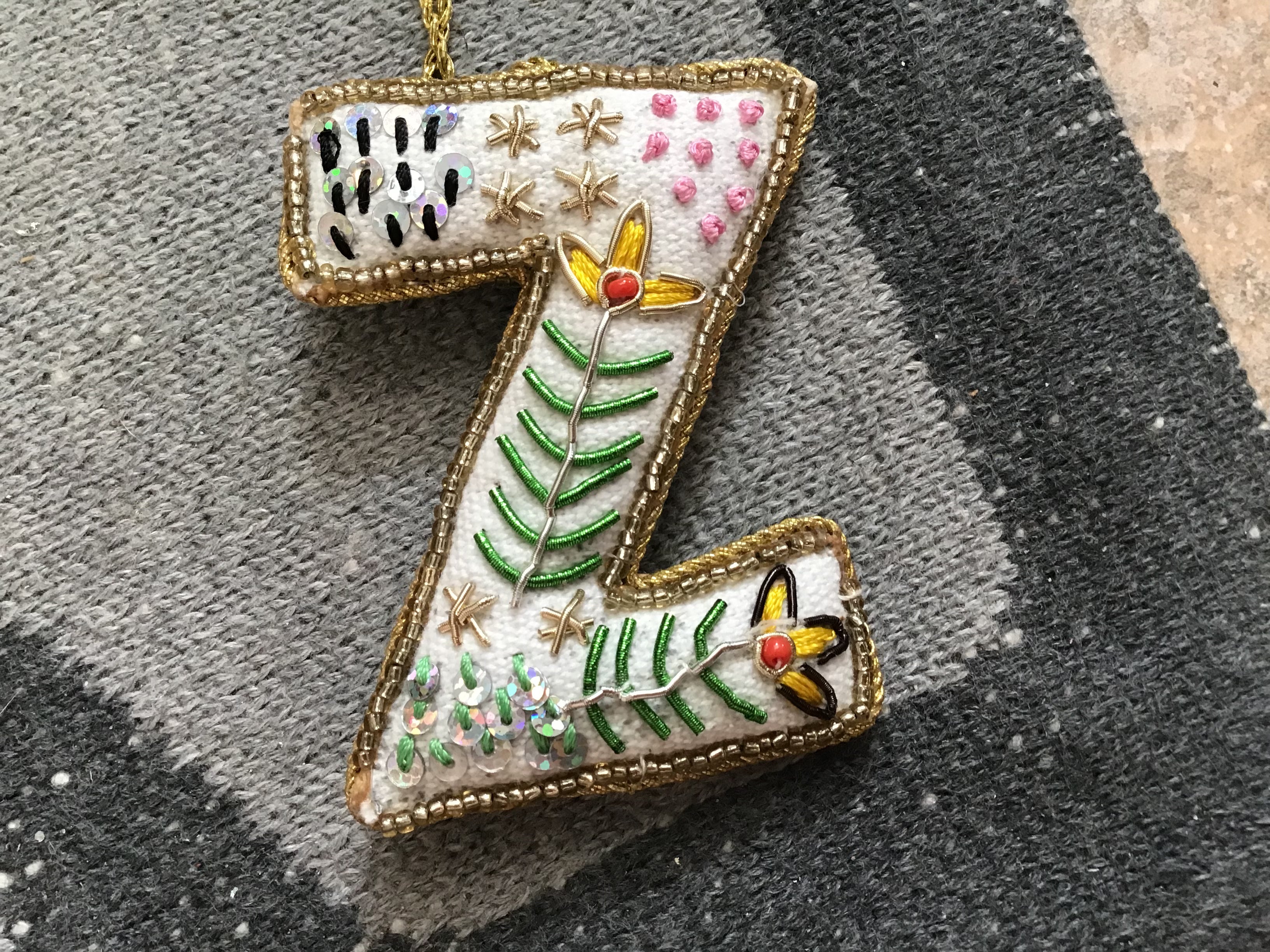 Fabric Alphabet Ornament w/ Beads & Embroidery, Multi Color, 26 Styles