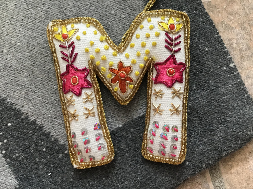 Fabric Alphabet Ornament w/ Beads & Embroidery, Multi Color, 26 Styles