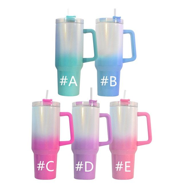 Gobelet 40 oz en acier inoxydable à sublimation avec dégradé pailleté holographique et poignée