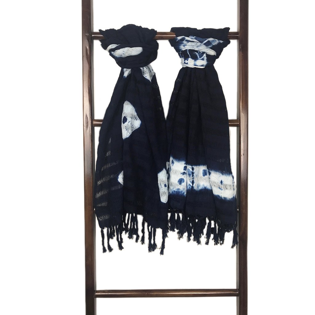 Indigo Stripe Cotton Scarf Oversized Lightweight Hand-Dyed Travel Wrap