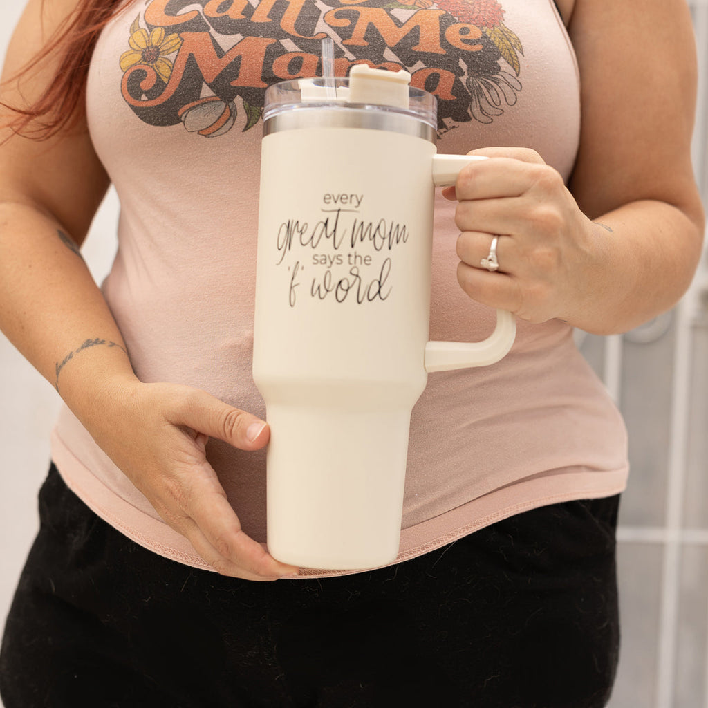 Insulated 40oz Travel Tumbler Mom Says The F Word Handle Lid Straw Gift