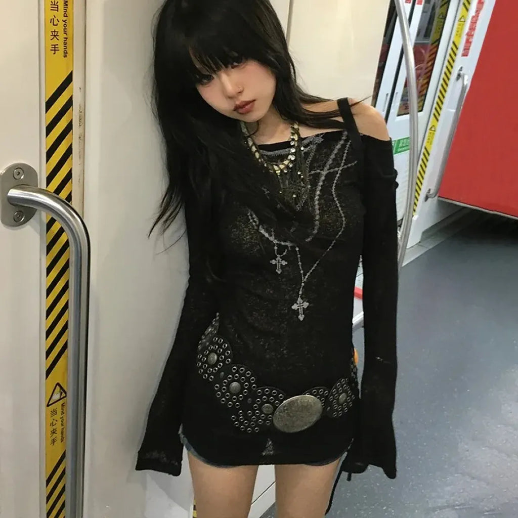 Japanese Knitted Grunge Tattoo Print Long Sleeve T-shirt