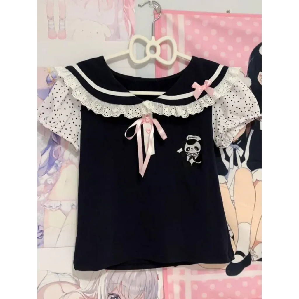 Y2K Lace T-shirt - Kawaii Cartoon Embroidery Graphic Tee