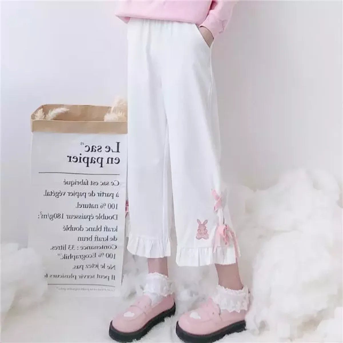 Korean Black Bunny Print Wide Leg Pants