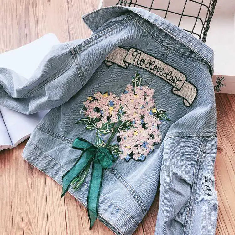Korean Girl Denim Jacket with Floral Design - # GIAA21210007
