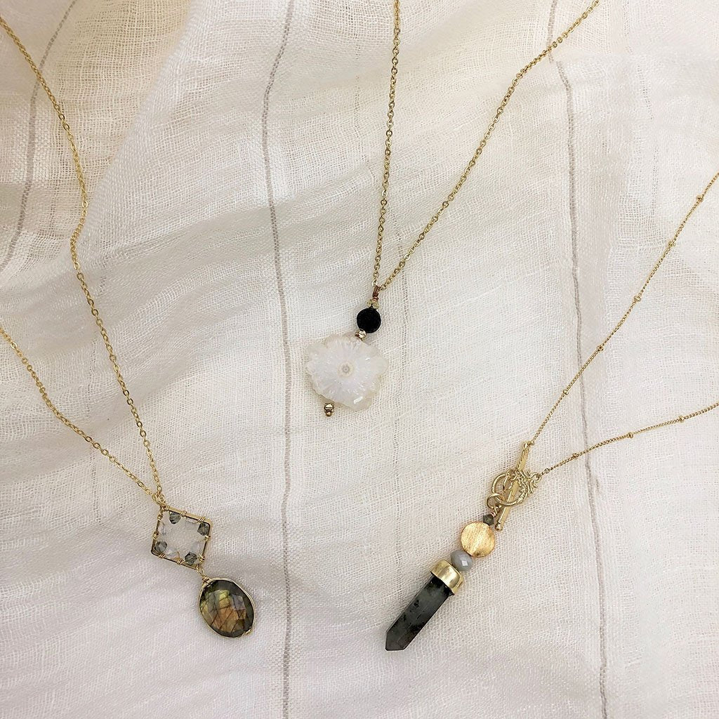 Labradorite Pendant Necklace Brass Wire Wrap Glass Beads Minimal Healing Aura
