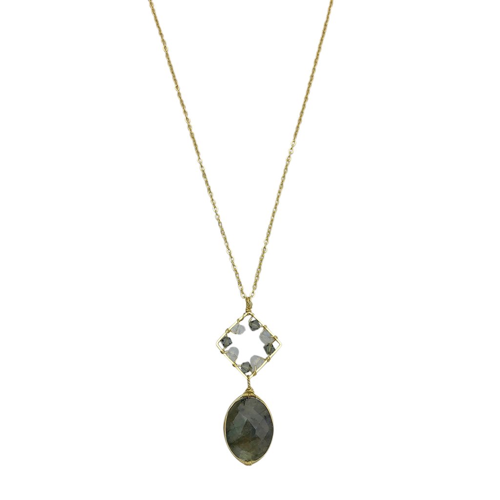 Labradorite Pendant Necklace Brass Wire Wrap Glass Beads Minimal Healing Aura