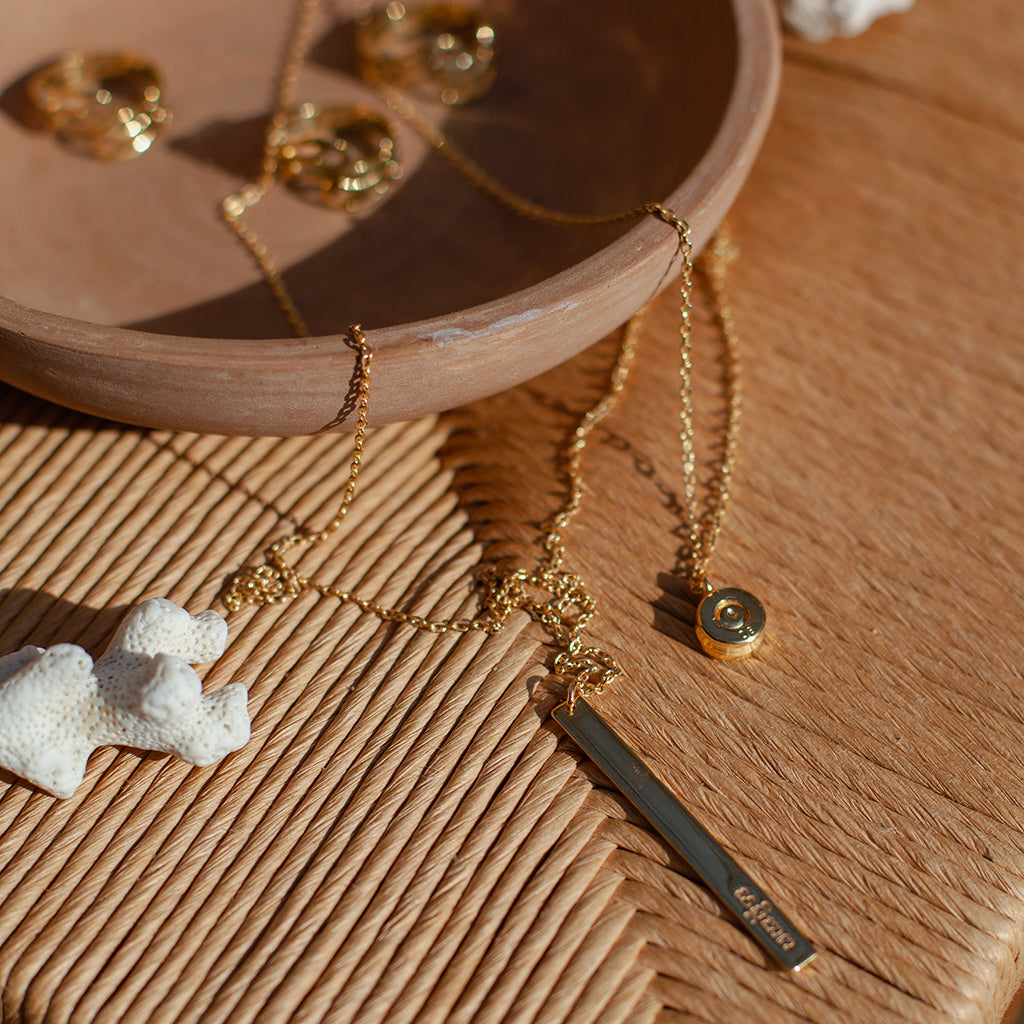 Layered Bullet Necklace Gold Plated Double Chain Recycled Brass Bar Khmer Peace