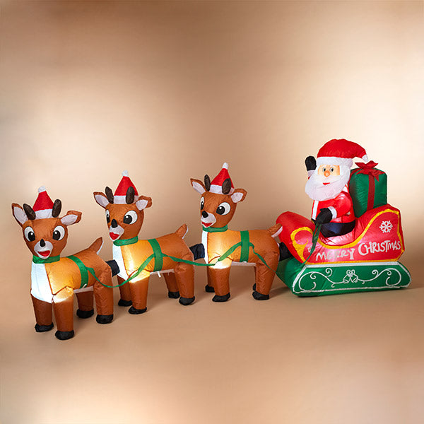 8Ft Long Lighted Christmas Santa Claus On Sleigh With 3 Reindeer