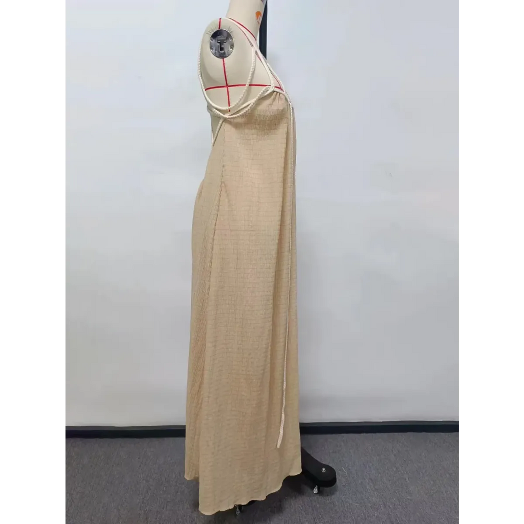 Loose Sleeveless Maxi Beach Dress: Off-Shoulder Crochet Cut-Out Design