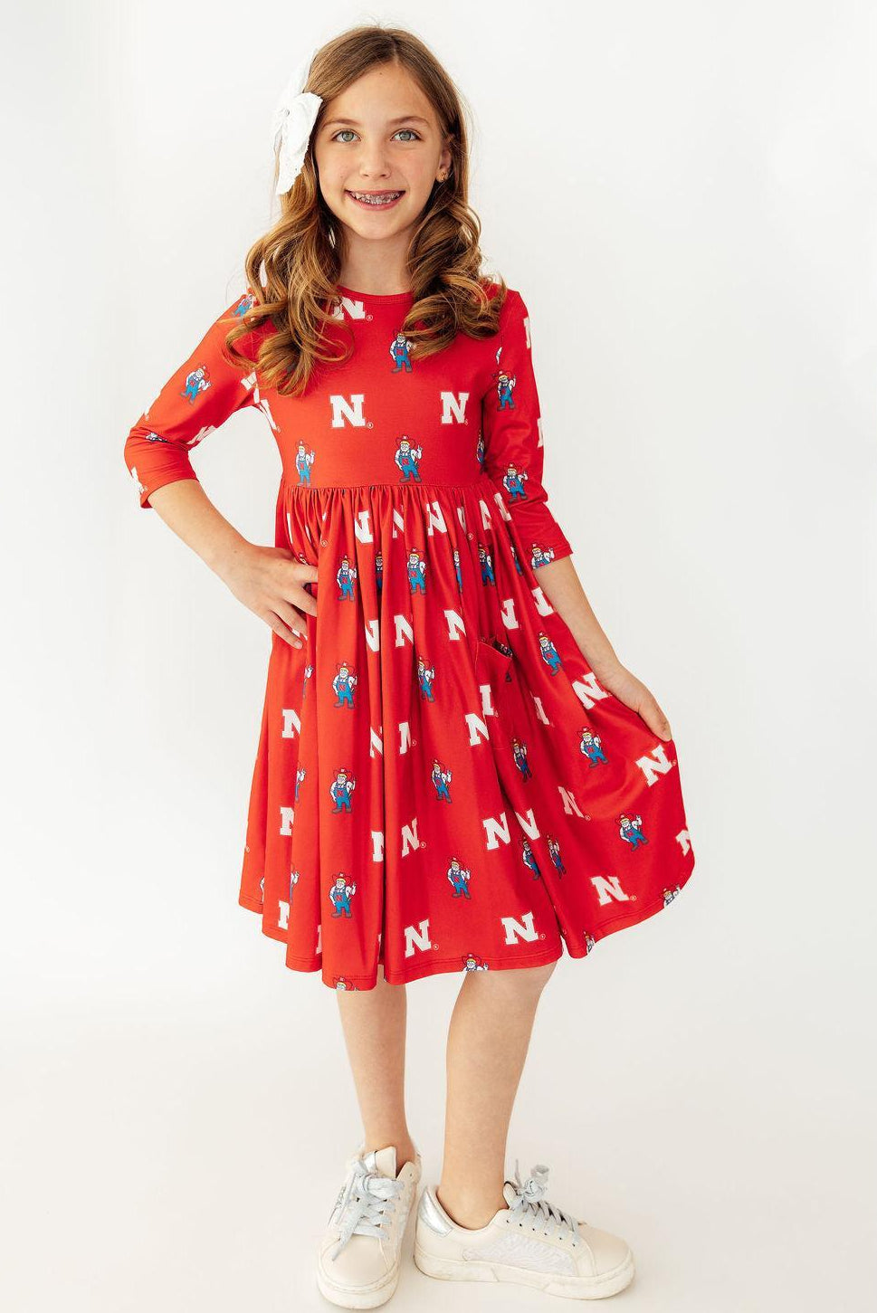 Robe tourbillonnante Nebraska Red Herbie Husker avec poche et manches 3/4