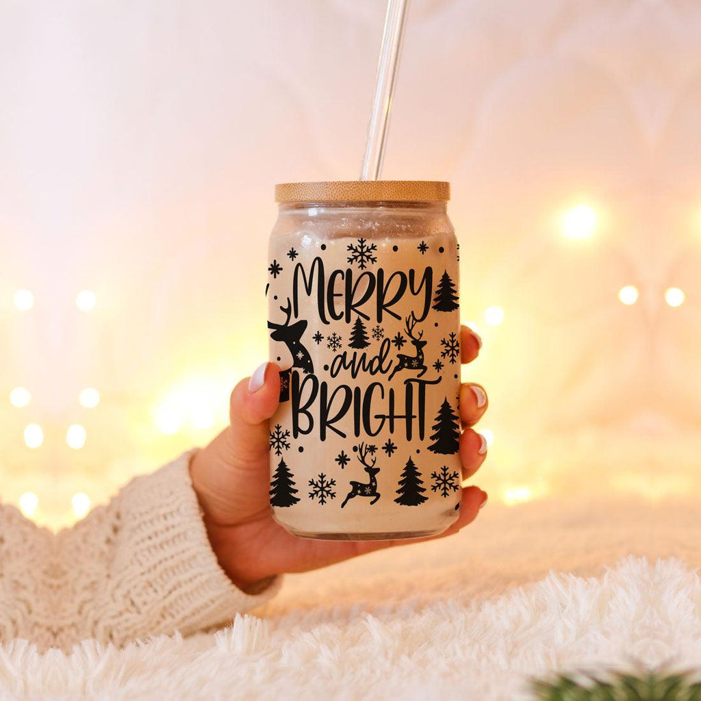 Merry And Bright 17oz Holiday Mug With Reindeer Snowflake Tree Black Lettering