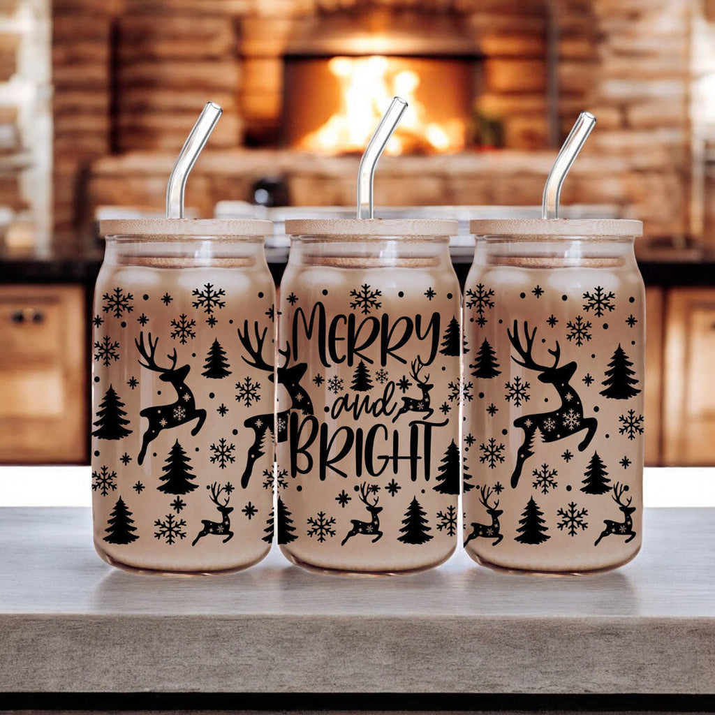 Merry And Bright 17oz Holiday Mug With Reindeer Snowflake Tree Black Lettering