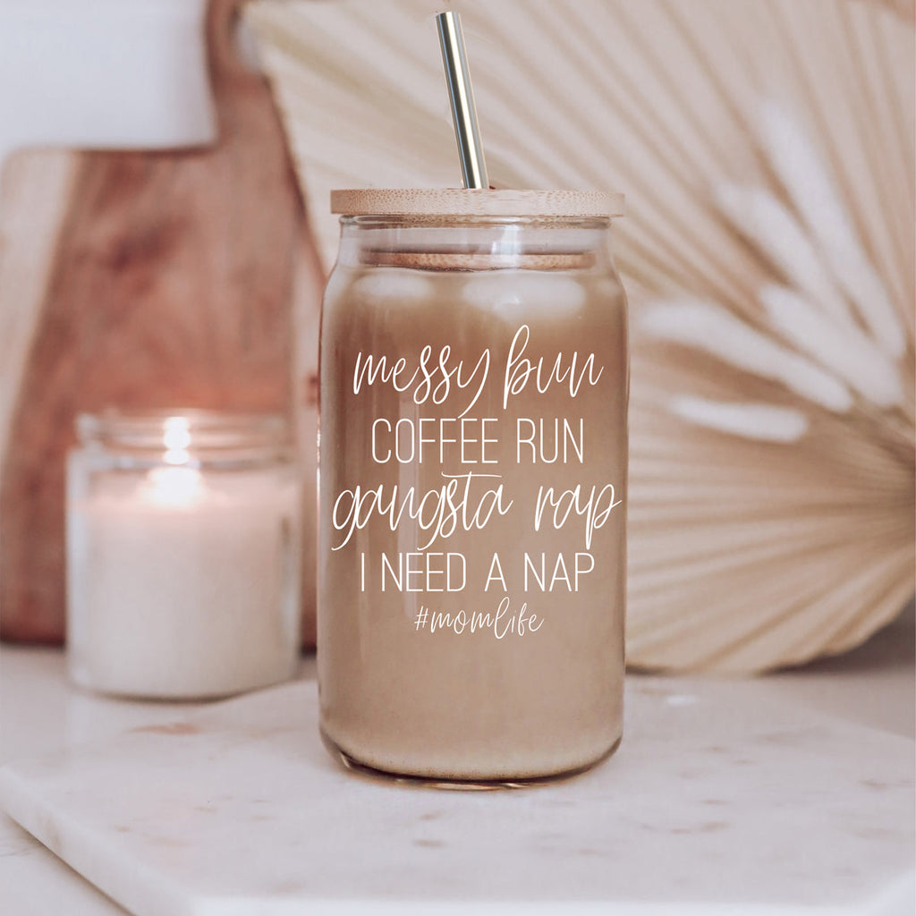 Messy Bun 17oz Glass Tumbler With Bamboo Lid Stainless Straws Mom Life Coffee Run Gift