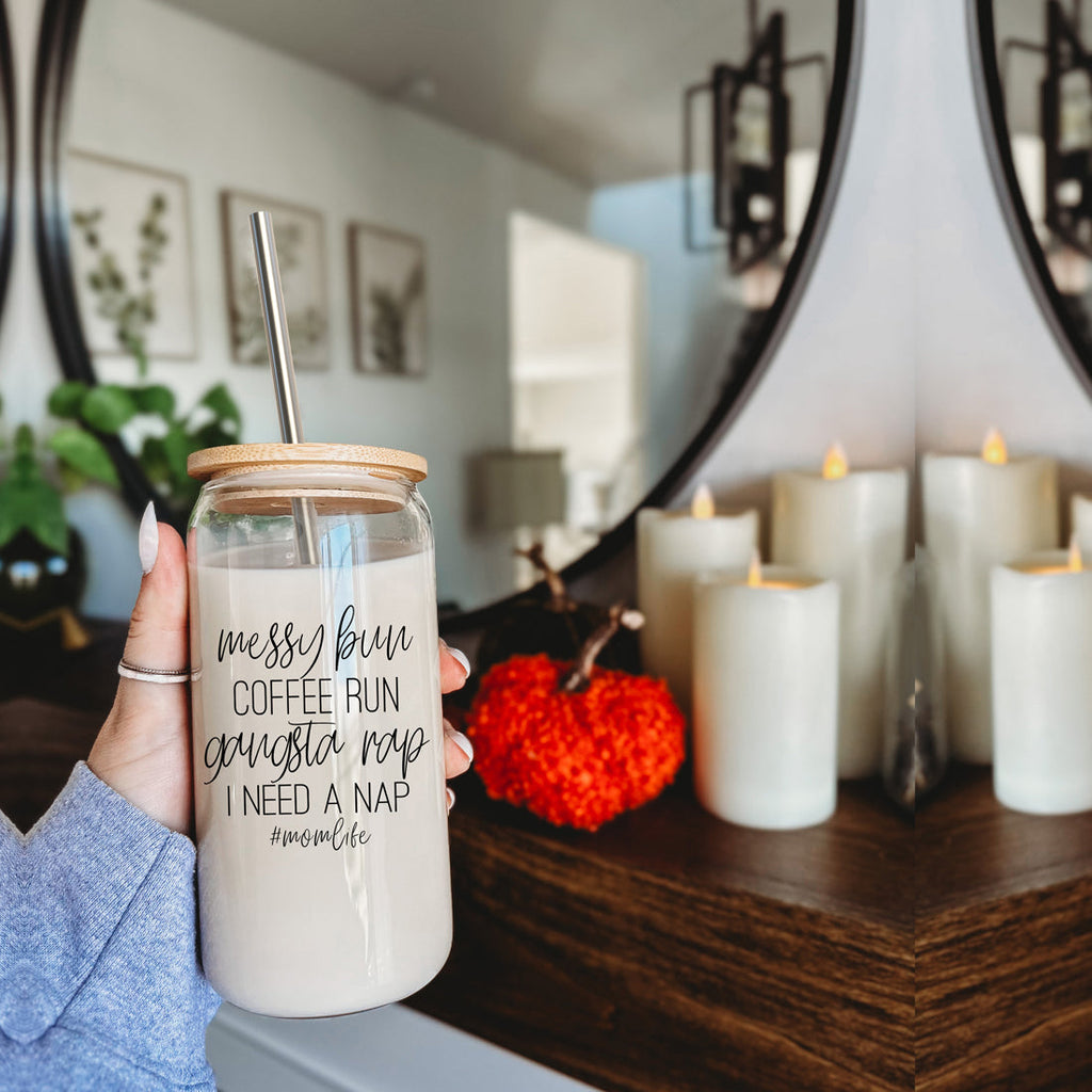 Messy Bun 17oz Glass Tumbler With Bamboo Lid Stainless Straws Mom Life Coffee Run Gift