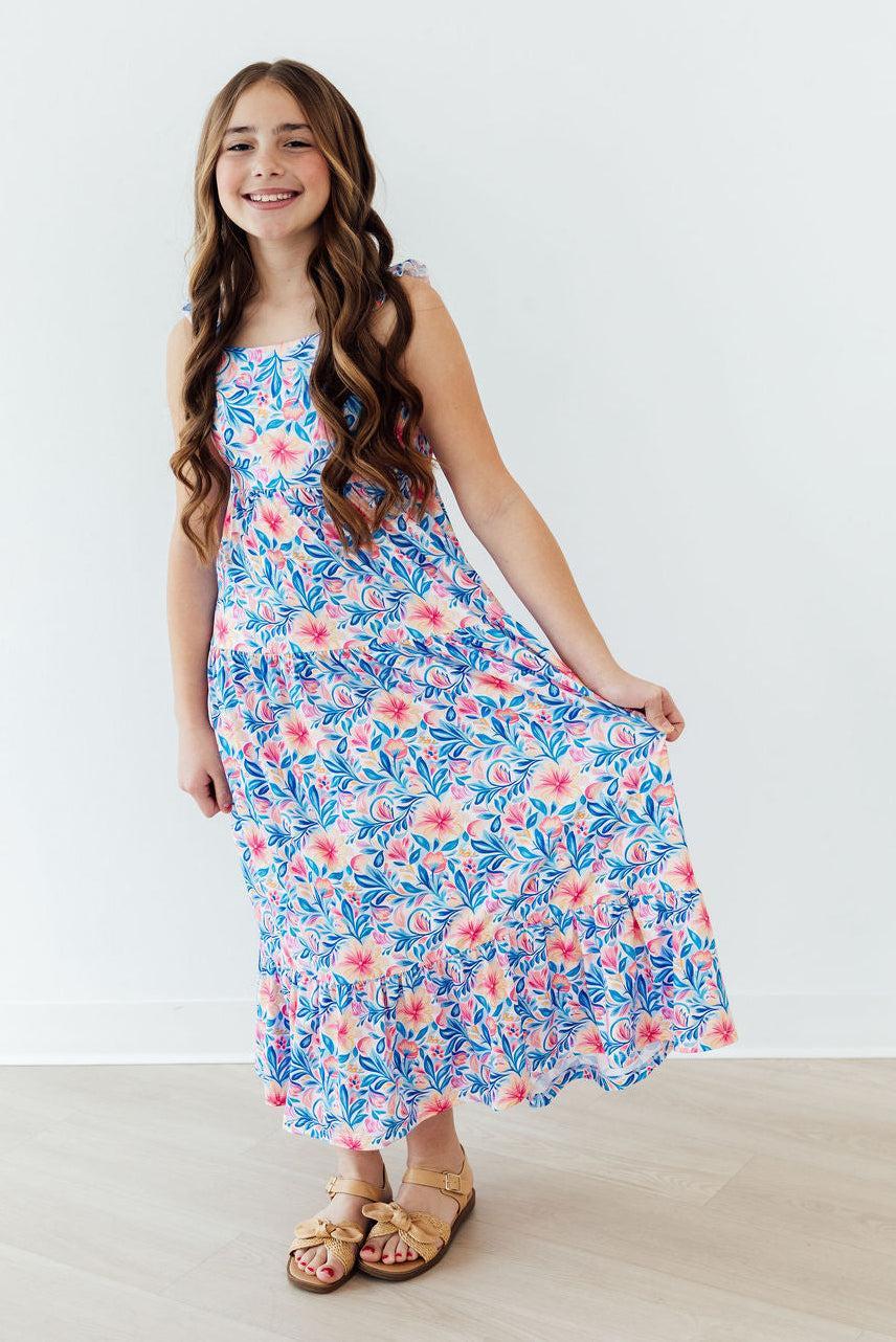 Robe longue volantée à motif floral aquarelle