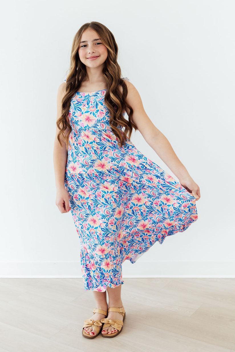 Robe longue volantée à motif floral aquarelle