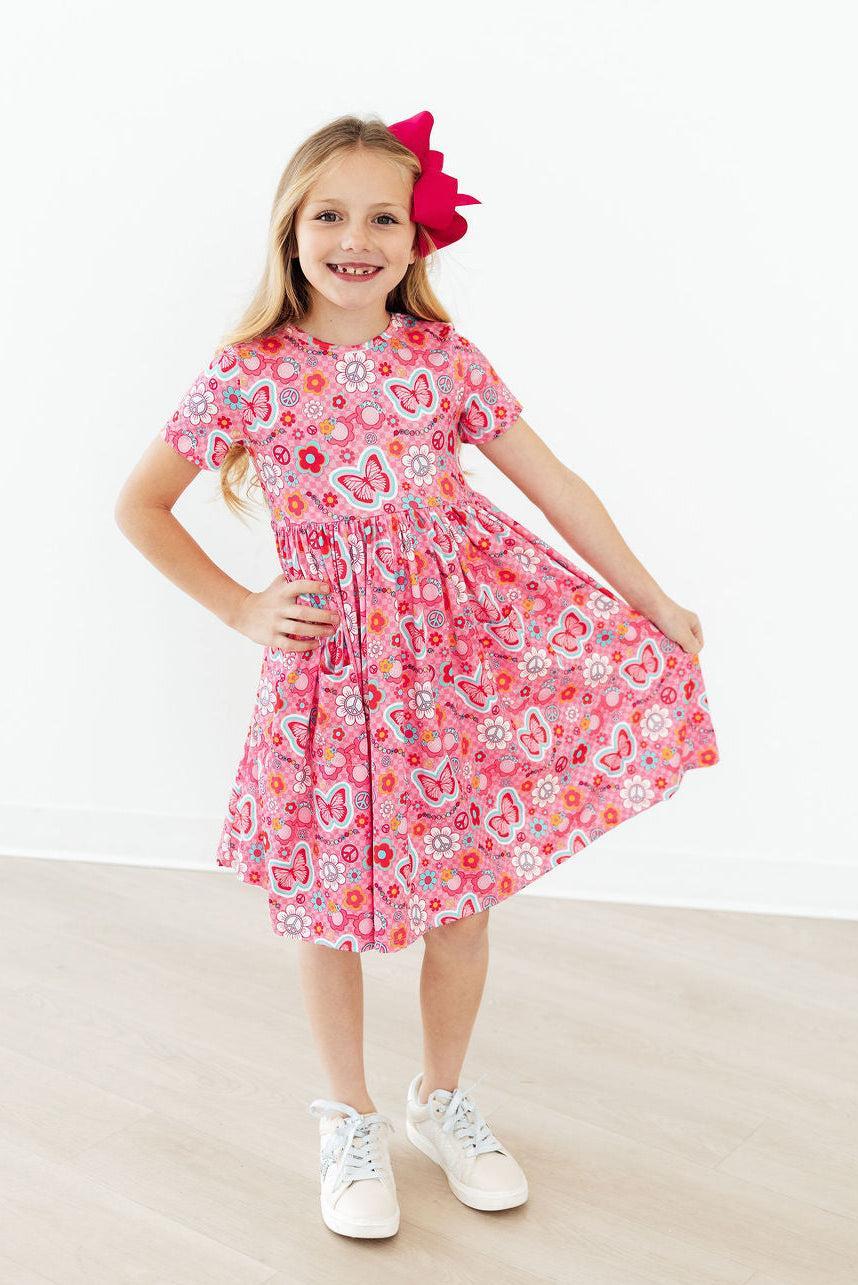 Robe virevoltante hippie Sissy à manches courtes et poche