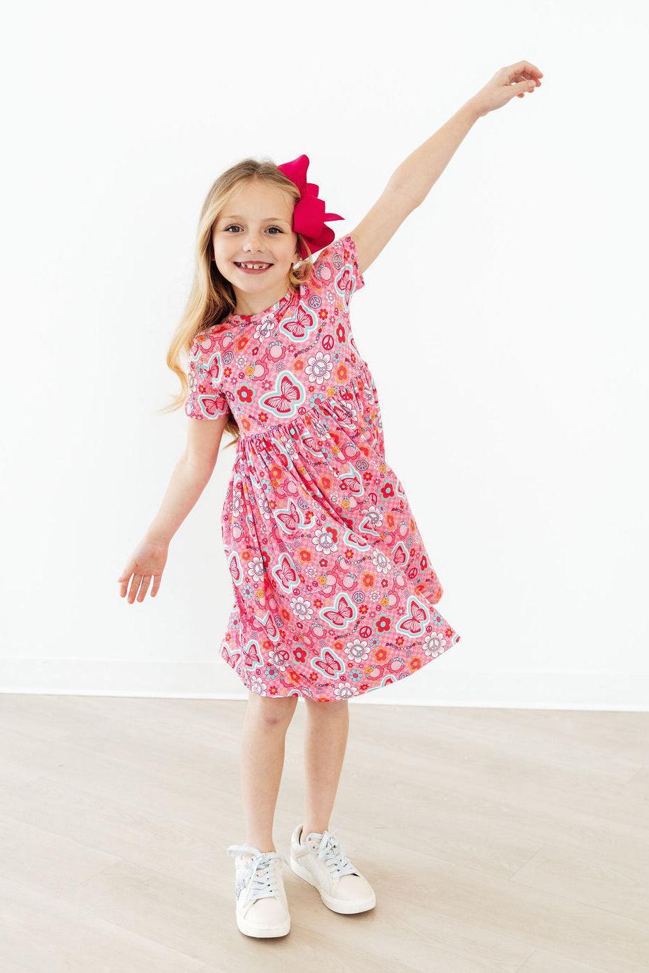 Robe virevoltante hippie Sissy à manches courtes et poche