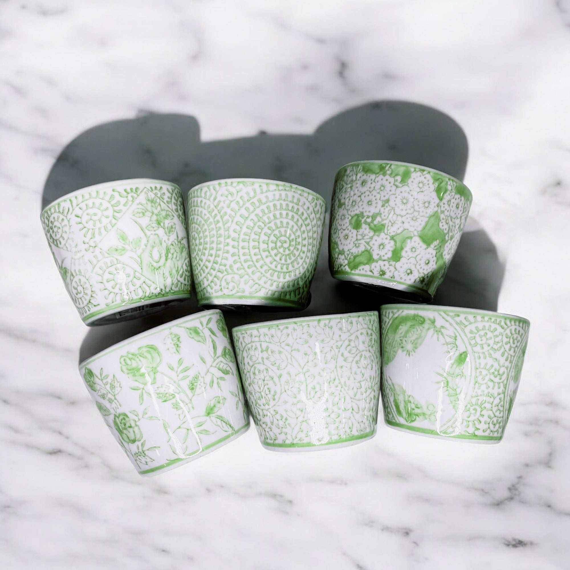 Mini Green Porcelain Cachepots Set Of 6 Hand-Painted Decorative Planters