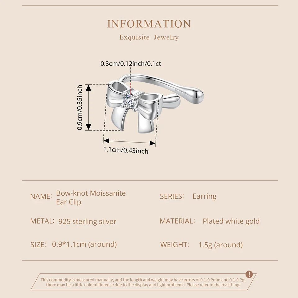 Moissanite Bowknot Stud Earrings S925 Silver Clip-On Wedding Engagement Gift