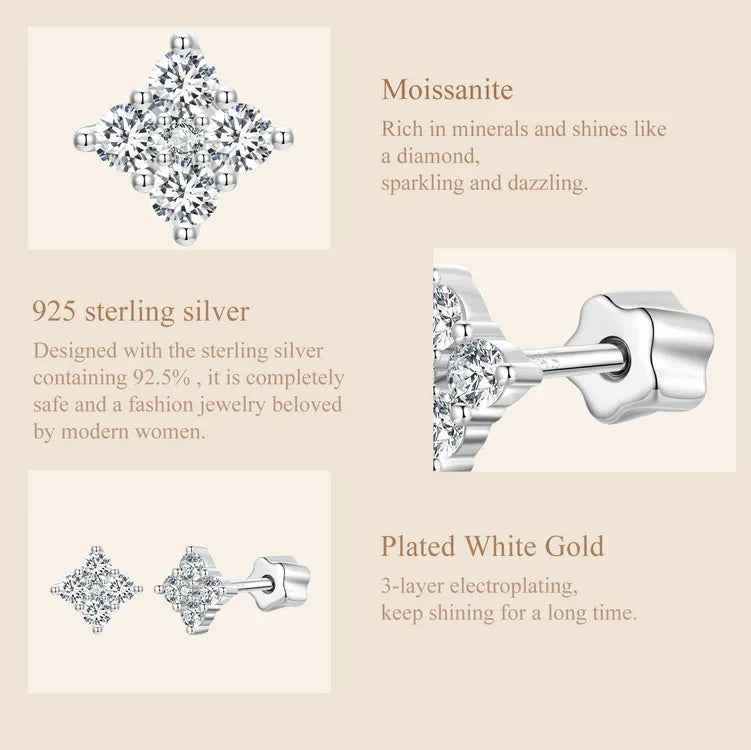 Moissanite Four-Leaf Clover Stud Earrings 925 Silver Screw Back Mom Gift