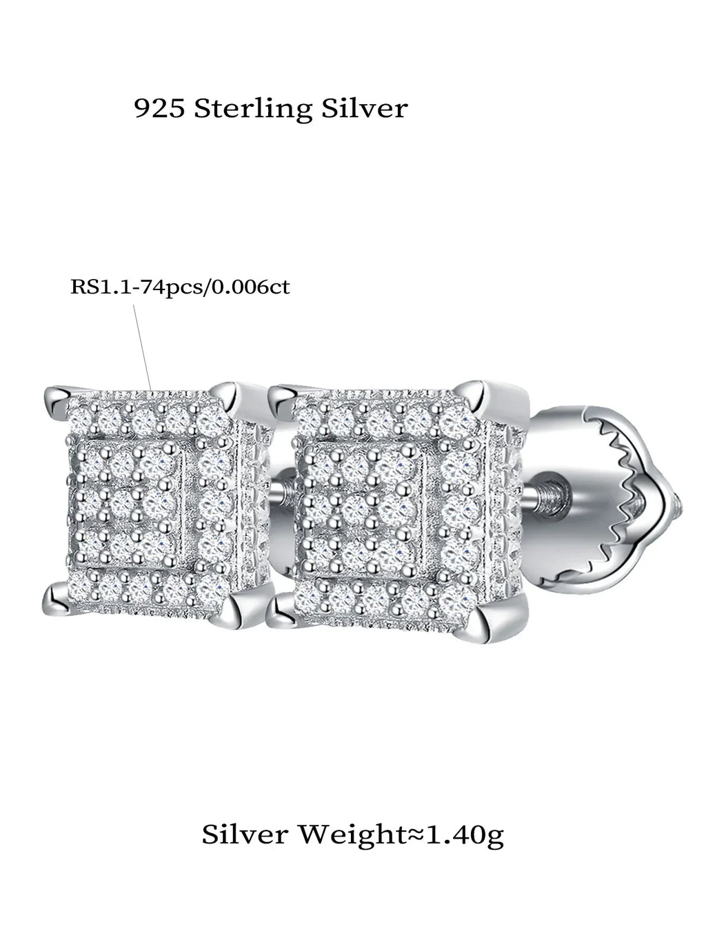 Moissanite Square Stud Earrings 925 Silver Solitaire CZ Look Bridal Engagement