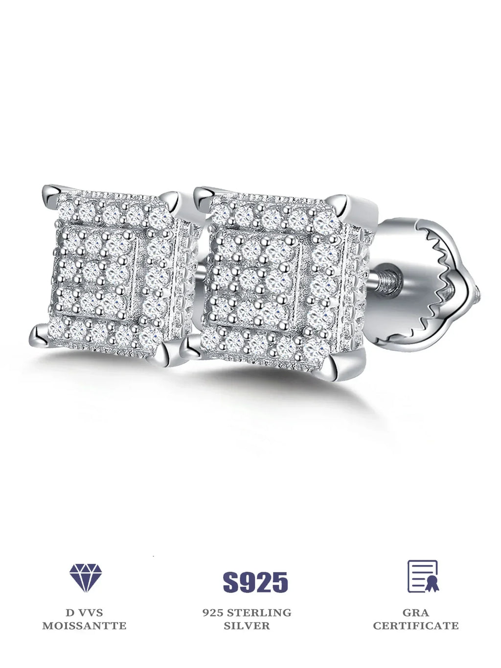 Moissanite Square Stud Earrings 925 Silver Solitaire CZ Look Bridal Engagement