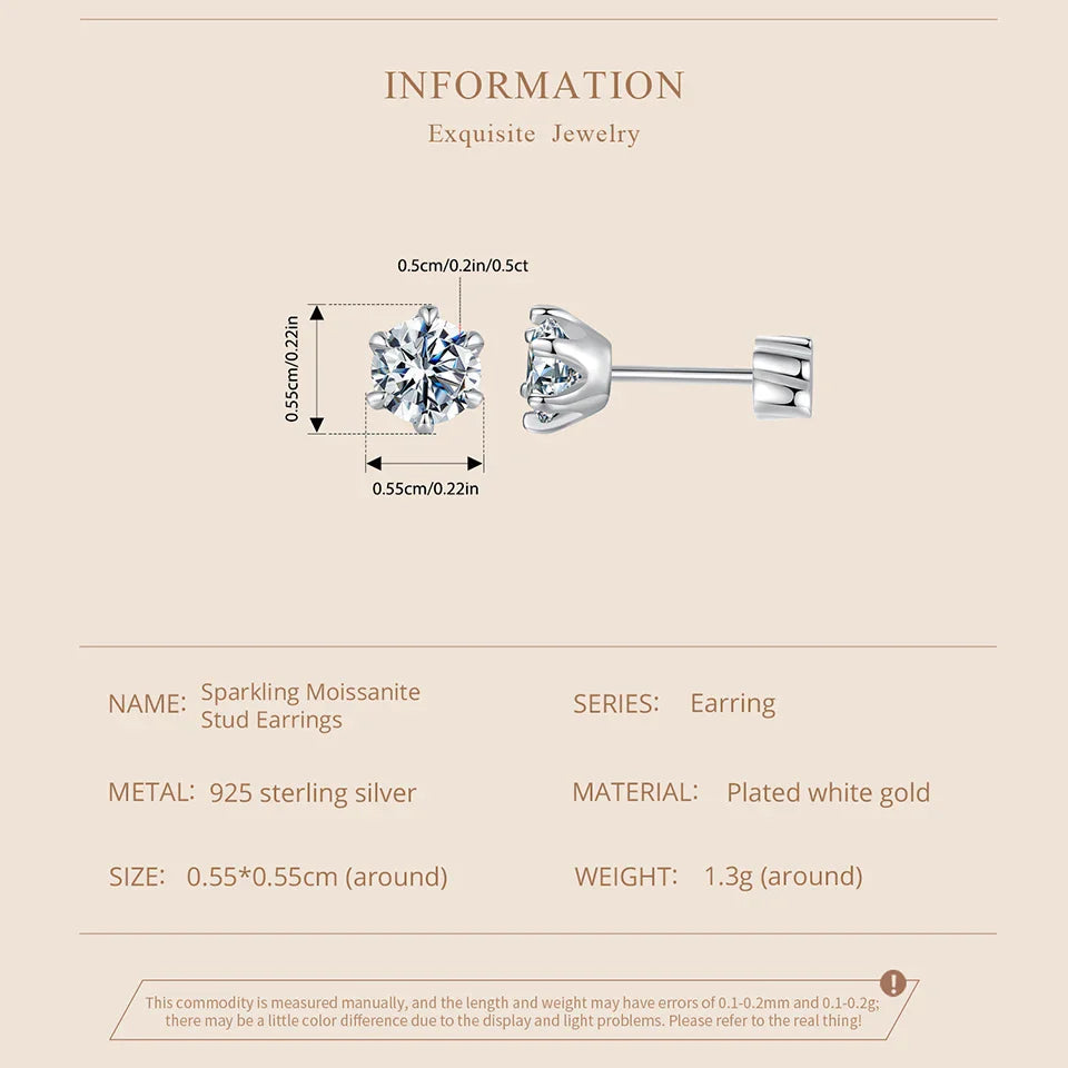 Moissanite Stud Earrings 925 Sterling Silver White Gold Plated Huggie Screwback
