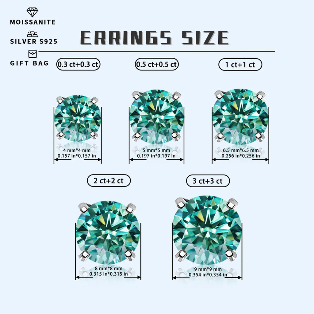 Moissanite Stud Earrings 0.3-3ct Certified S925 Sterling Silver Cyan Colorfast