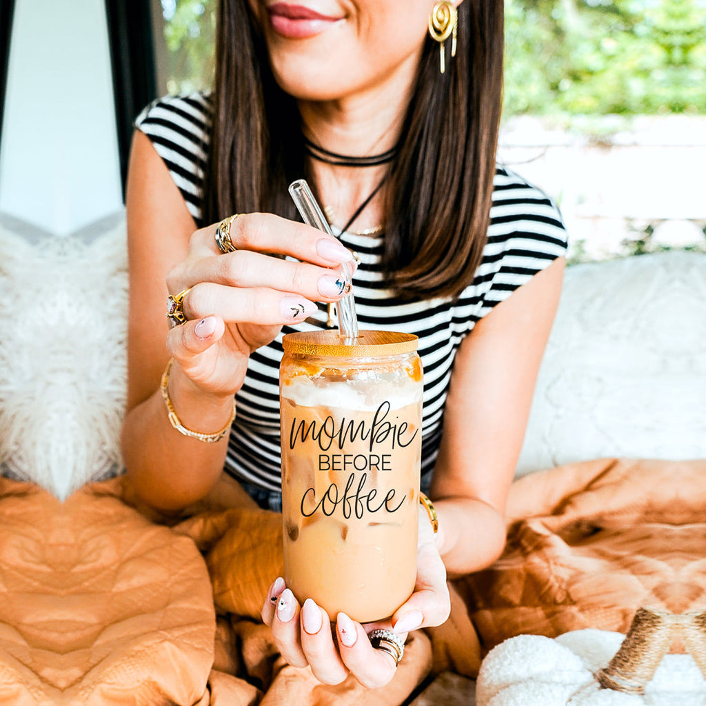 Mombie 20oz Glass Tumbler With Bamboo Lid Stainless Straws Coffee Hocus Pocus I Need Coffee